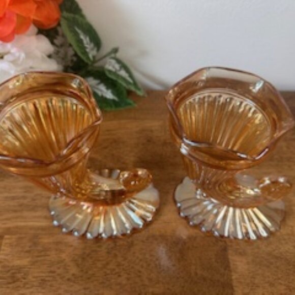 Jeanette Glass Marigold Carnival Glass Horn of Plenty Vases Pair Cornucopia Fall - Picture 2 of 5
